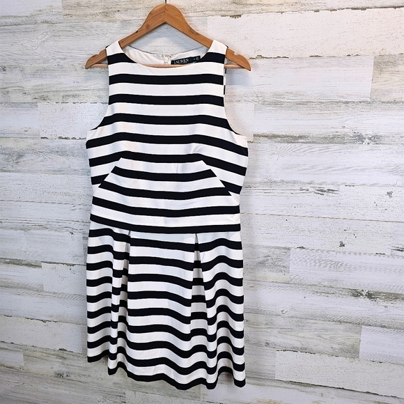 Lauren Ralph Lauren Navy White Striped Sleeveless Fit & Flare Dress Size 14 - Picture 5 of 16